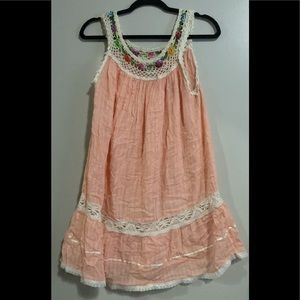 Mexican dress knitted collar flowers sz M  coral Inca Quechua handmade.